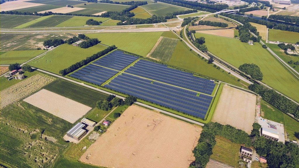 an aerial view of a large solar farm.