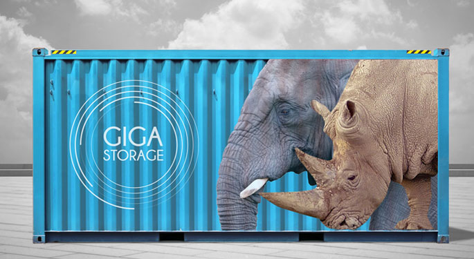 an elephant on the side of a blue container.